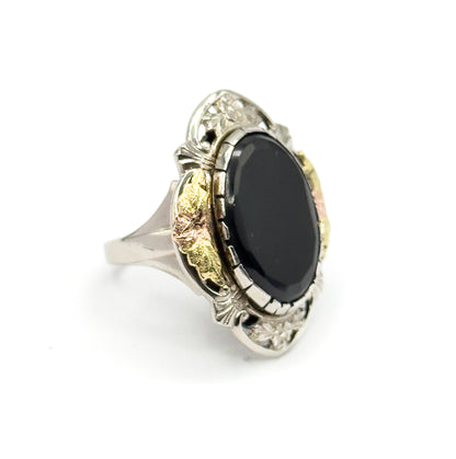 Mid-Century Black Onyx Ring in Sterling Silver with 10K Black Hills Gold