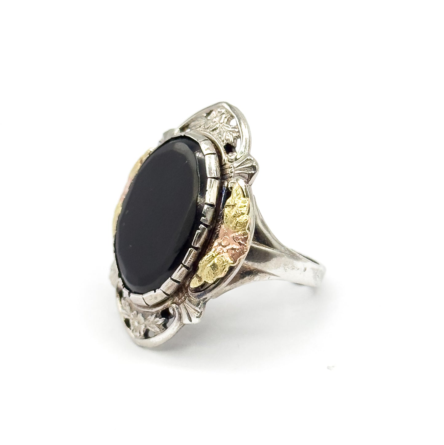 Mid-Century Black Onyx Ring in Sterling Silver with 10K Black Hills Gold