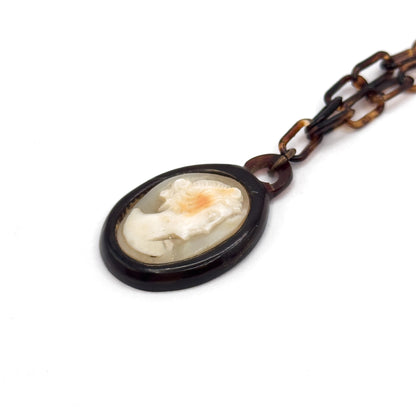 Art Deco Carved Shell Cameo Necklace in Base Metal