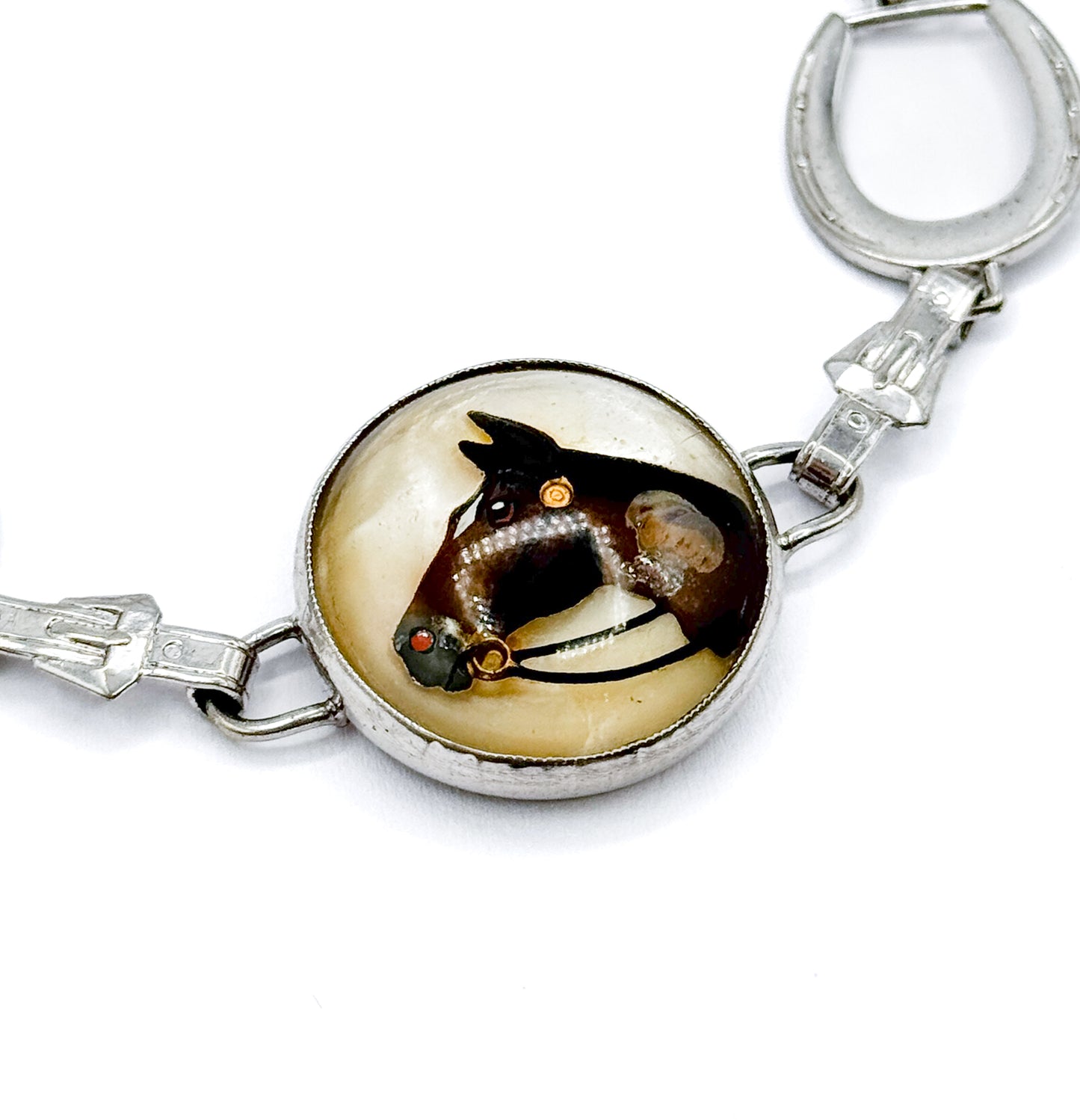 Mid-Century Reverse Painted Horse Bracelet in Silver Tone Metal