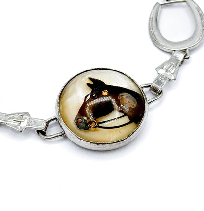 Mid-Century Reverse Painted Horse Bracelet in Silver Tone Metal