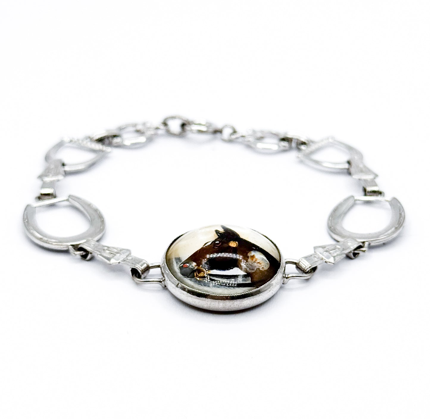 Mid-Century Reverse Painted Horse Bracelet in Silver Tone Metal