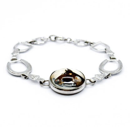Mid-Century Reverse Painted Horse Bracelet in Silver Tone Metal