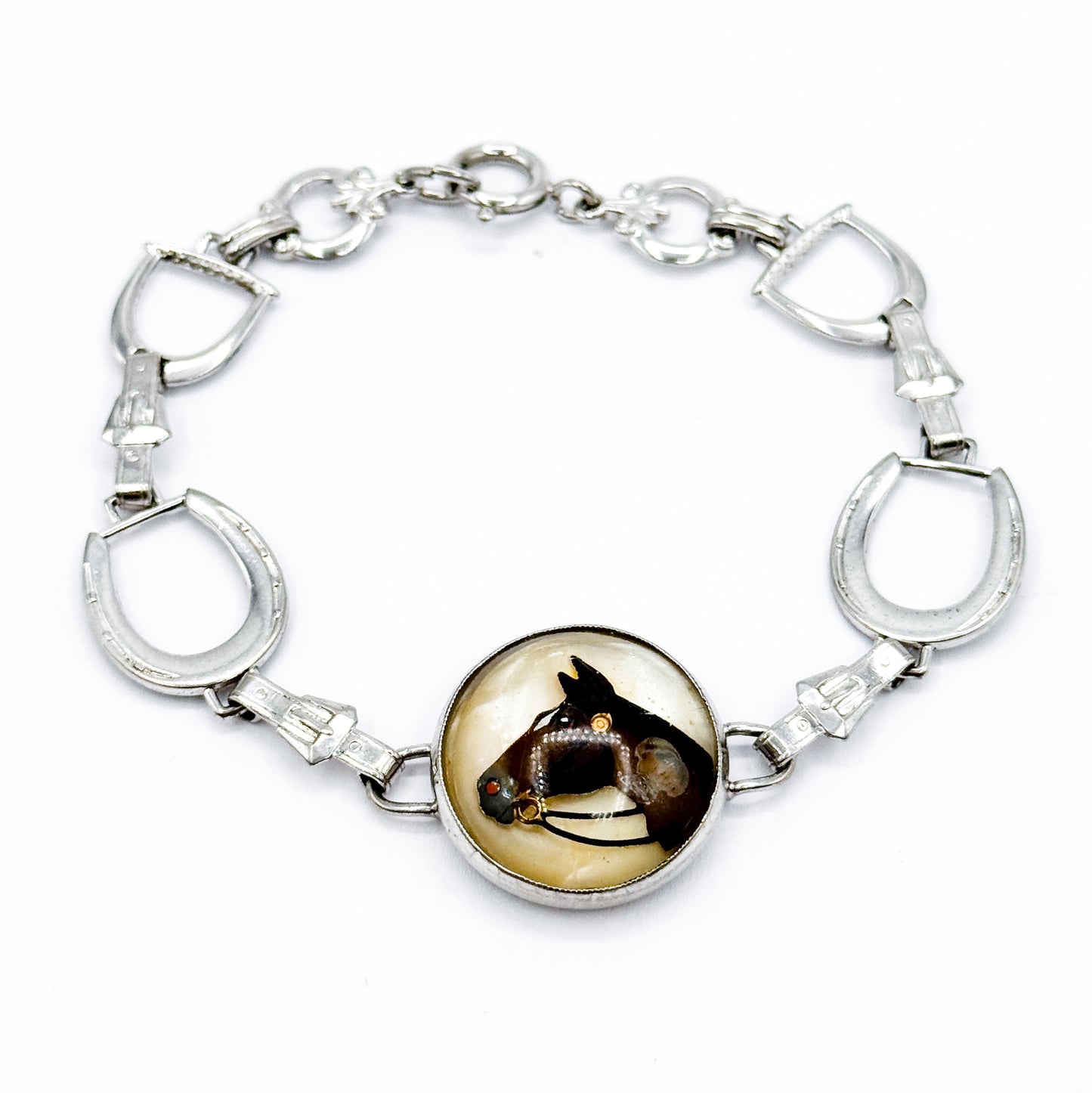 Mid-Century Reverse Painted Horse Bracelet in Silver Tone Metal
