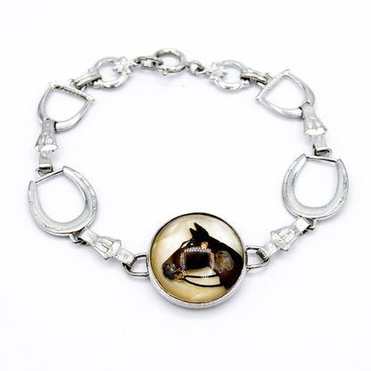 Mid-Century Reverse Painted Horse Bracelet in Silver Tone Metal