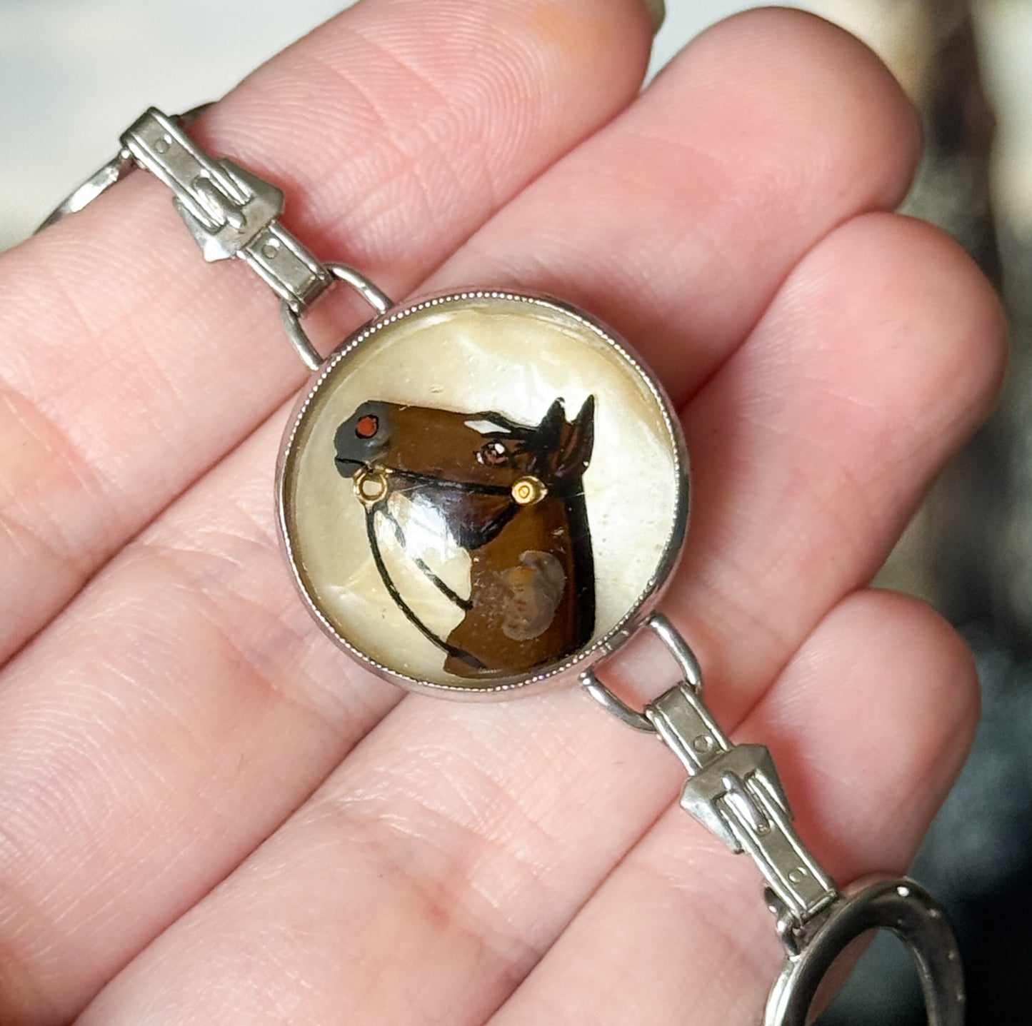 Mid-Century Reverse Painted Horse Bracelet in Silver Tone Metal