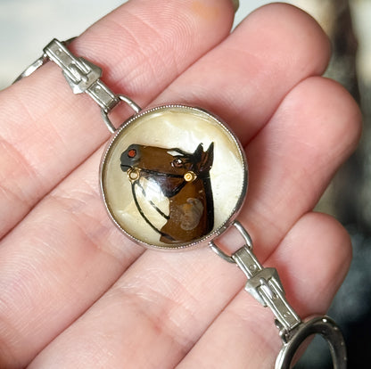 Mid-Century Reverse Painted Horse Bracelet in Silver Tone Metal