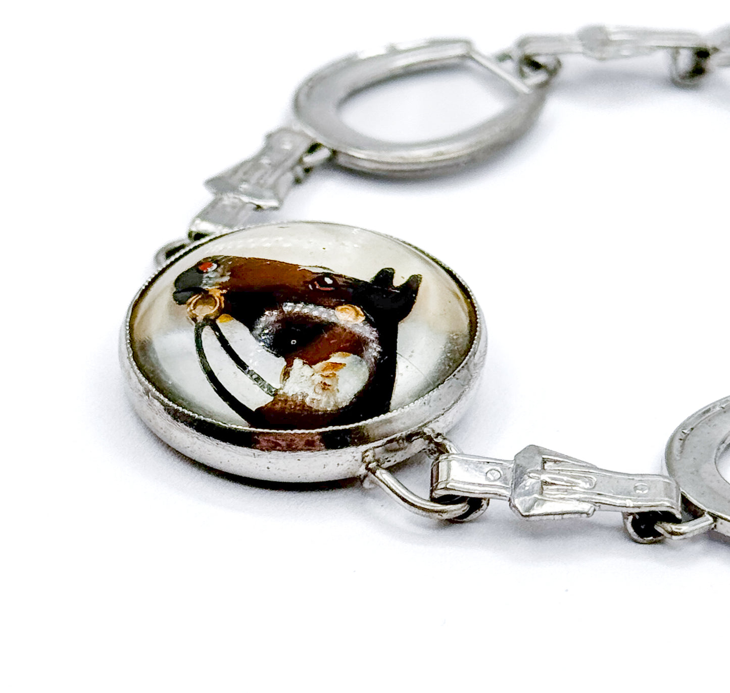 Mid-Century Reverse Painted Horse Bracelet in Silver Tone Metal