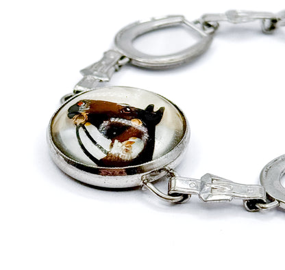 Mid-Century Reverse Painted Horse Bracelet in Silver Tone Metal