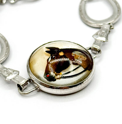 Mid-Century Reverse Painted Horse Bracelet in Silver Tone Metal