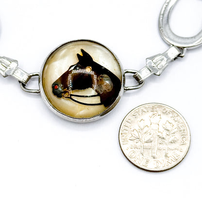 Mid-Century Reverse Painted Horse Bracelet in Silver Tone Metal