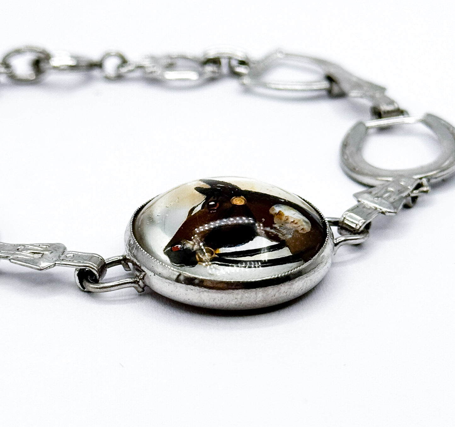 Mid-Century Reverse Painted Horse Bracelet in Silver Tone Metal