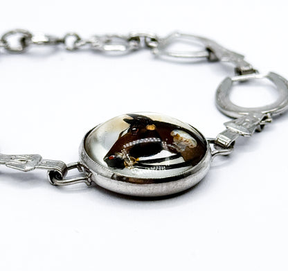Mid-Century Reverse Painted Horse Bracelet in Silver Tone Metal