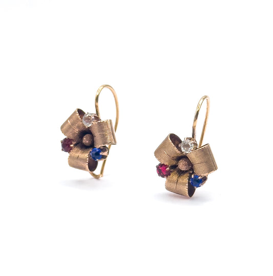 Antique Red & Blue Paste Ribbon Earrings in 10K Yellow Gold