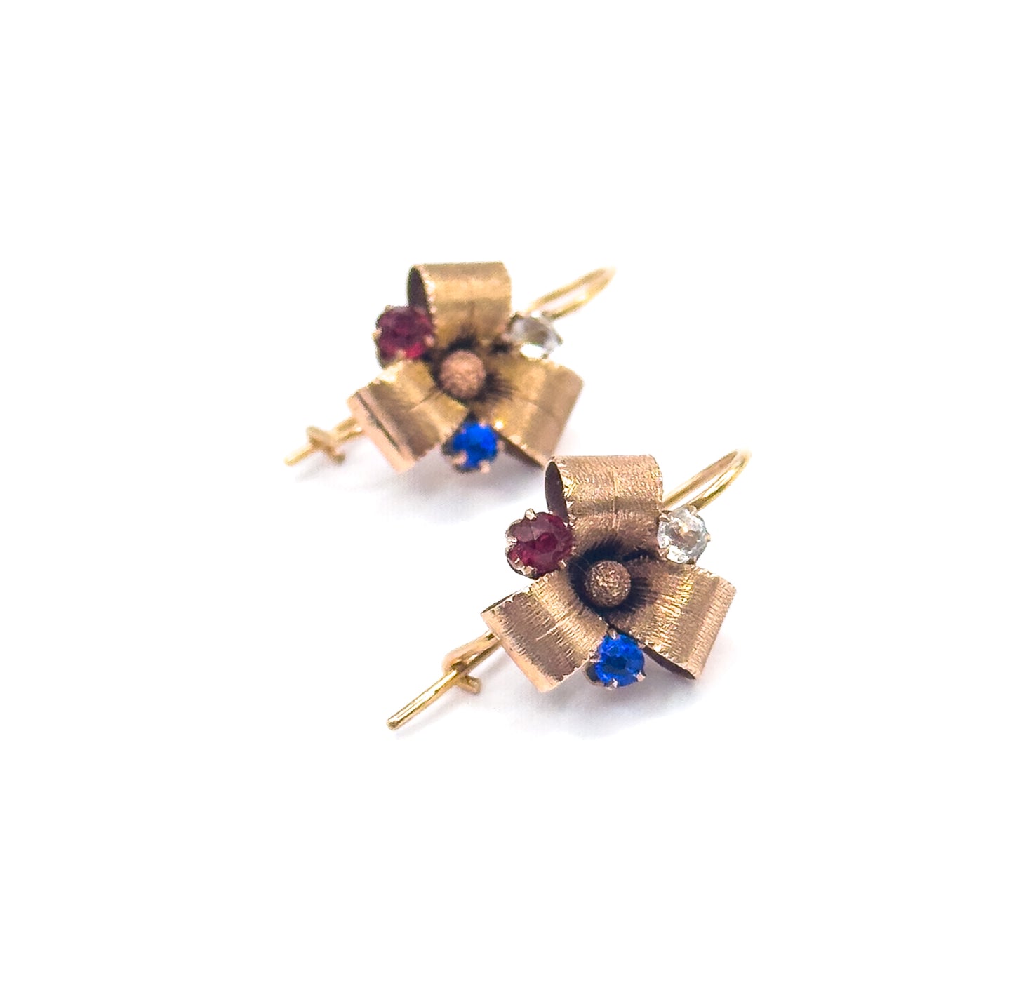Antique Red & Blue Paste Ribbon Earrings in 10K Yellow Gold