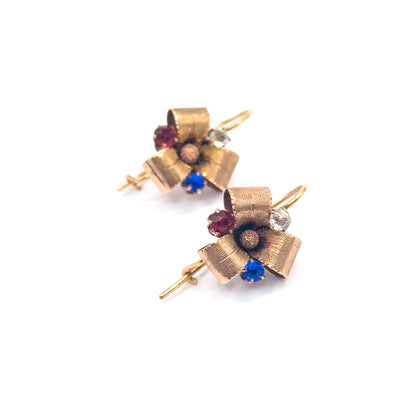 Antique Red & Blue Paste Ribbon Earrings in 10K Yellow Gold