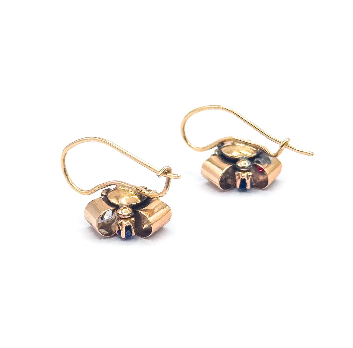 Antique Red & Blue Paste Ribbon Earrings in 10K Yellow Gold
