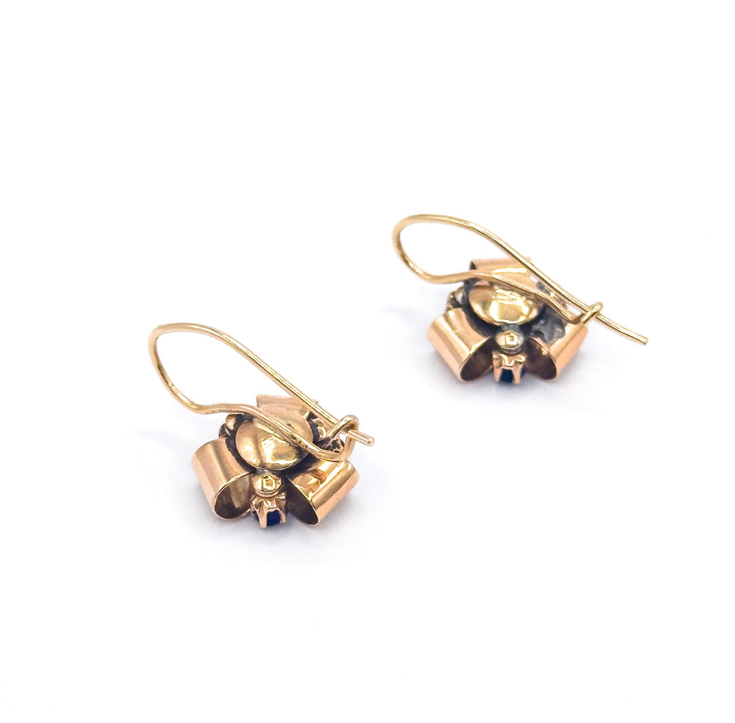Antique Red & Blue Paste Ribbon Earrings in 10K Yellow Gold