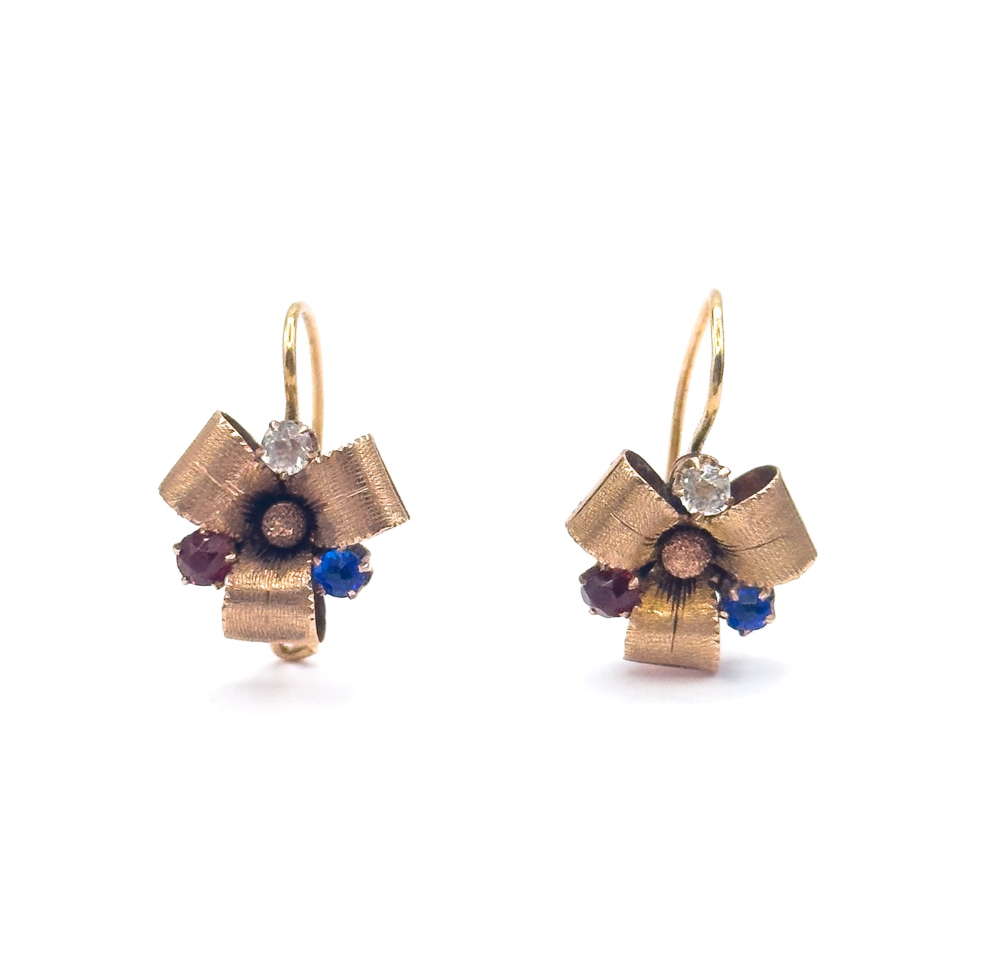 Antique Red & Blue Paste Ribbon Earrings in 10K Yellow Gold