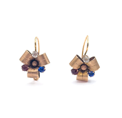 Antique Red & Blue Paste Ribbon Earrings in 10K Yellow Gold