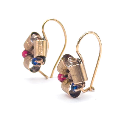 Antique Red & Blue Paste Ribbon Earrings in 10K Yellow Gold