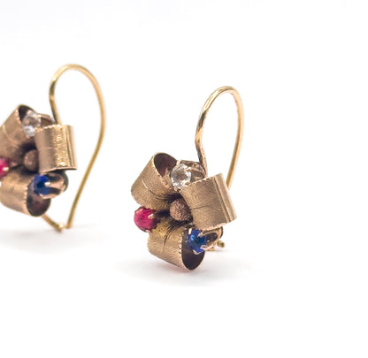 Antique Red & Blue Paste Ribbon Earrings in 10K Yellow Gold