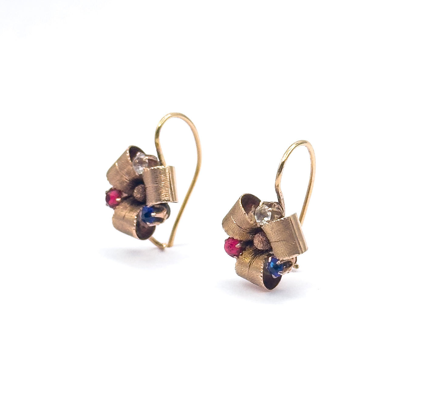 Antique Red & Blue Paste Ribbon Earrings in 10K Yellow Gold