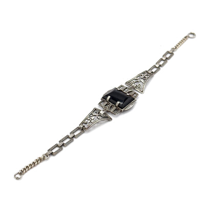 Art Deco Black Onyx & Marcasite Bracelet in Sterling Silver