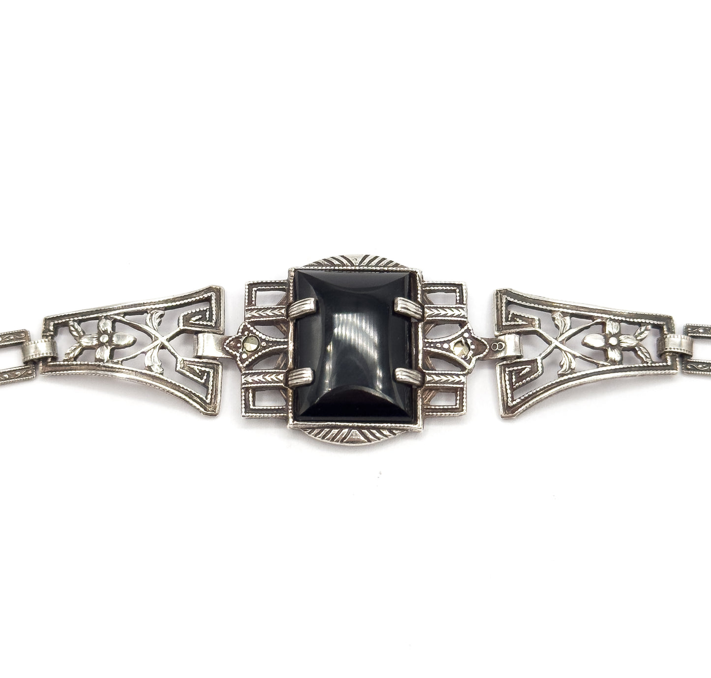 Art Deco Black Onyx & Marcasite Bracelet in Sterling Silver