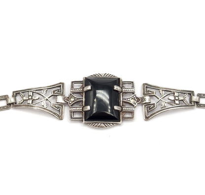 Art Deco Black Onyx & Marcasite Bracelet in Sterling Silver