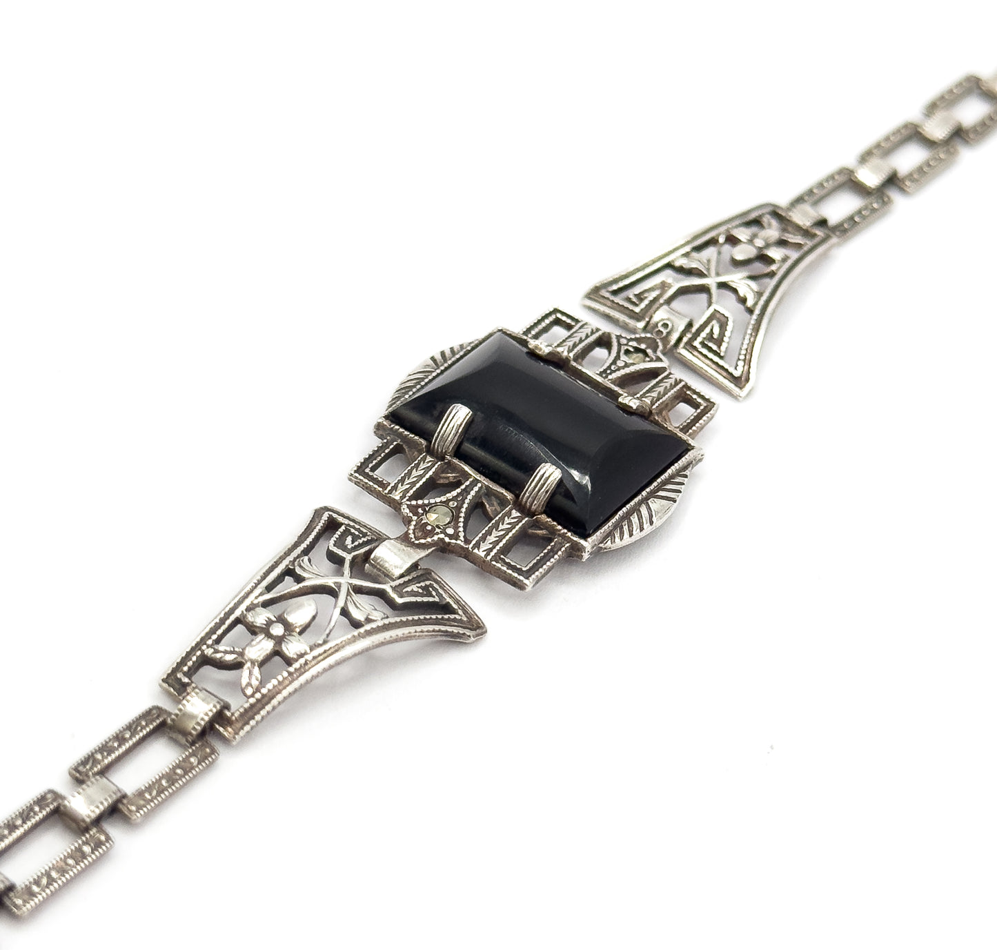 Art Deco Black Onyx & Marcasite Bracelet in Sterling Silver