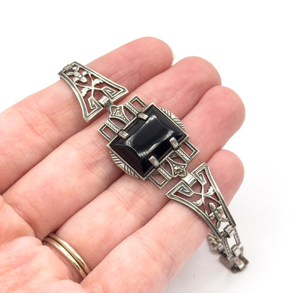 Art Deco Black Onyx & Marcasite Bracelet in Sterling Silver