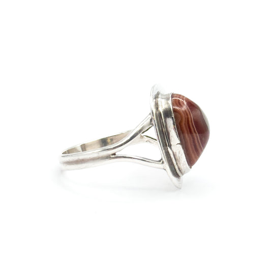Mid-Century Banded Agate Cabochon Ring in Sterling Silver