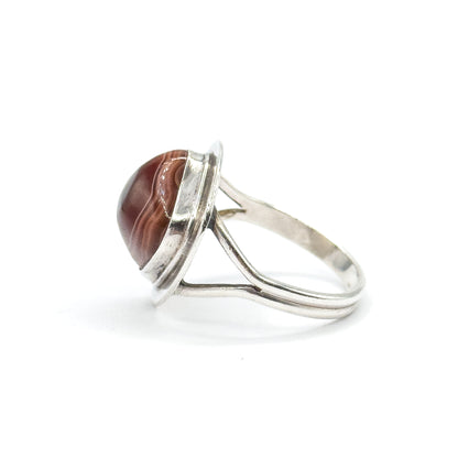 Mid-Century Banded Agate Cabochon Ring in Sterling Silver