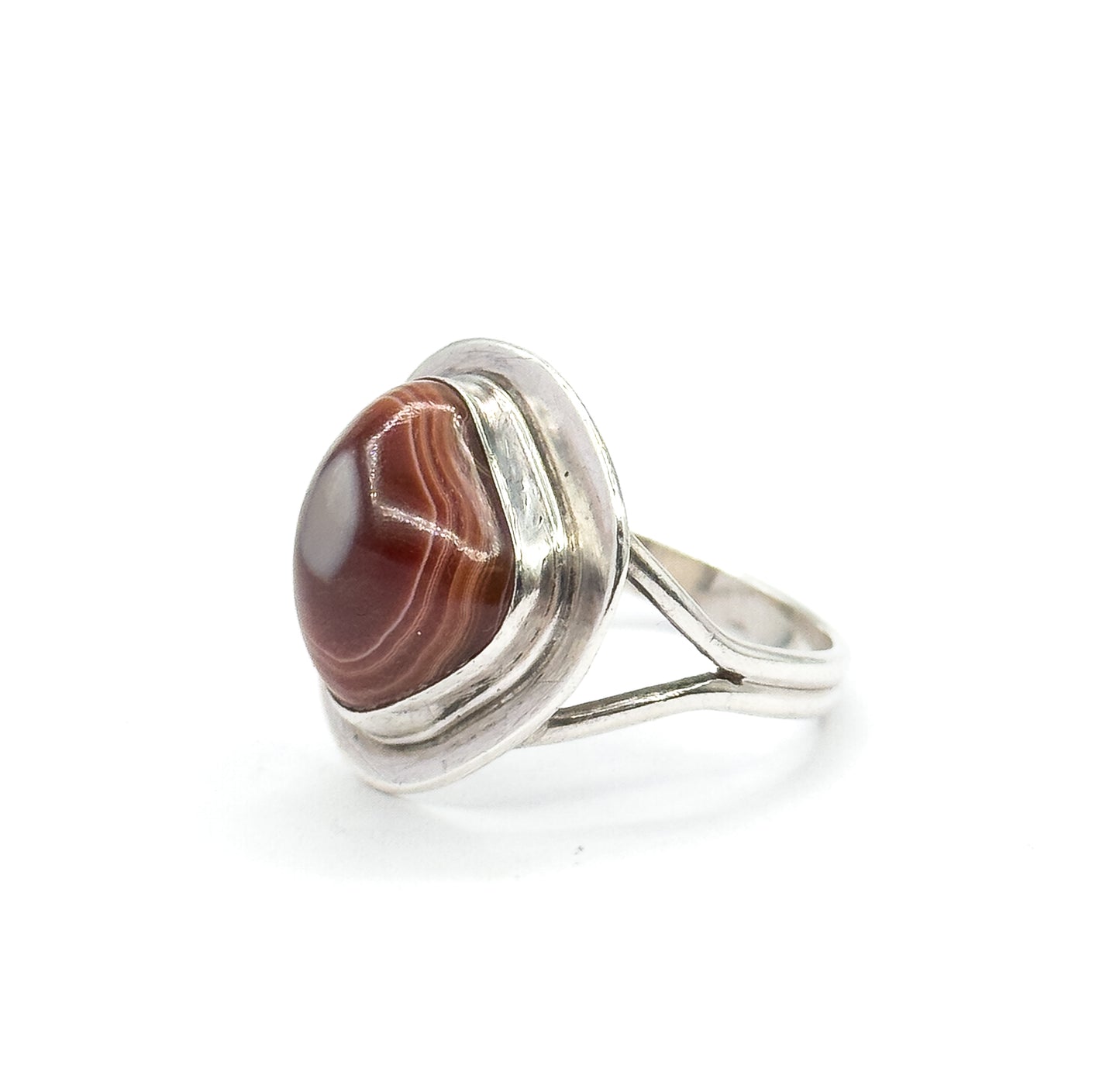 Mid-Century Banded Agate Cabochon Ring in Sterling Silver