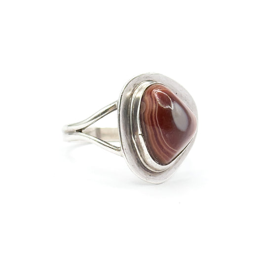 Mid-Century Banded Agate Cabochon Ring in Sterling Silver
