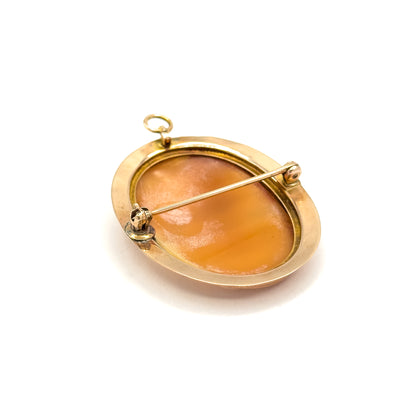 The reverse, showing the smooth tan back of the shell inside its yellow gold rim, with the pin stem running across from hinge to catch and the small round bail at the top.