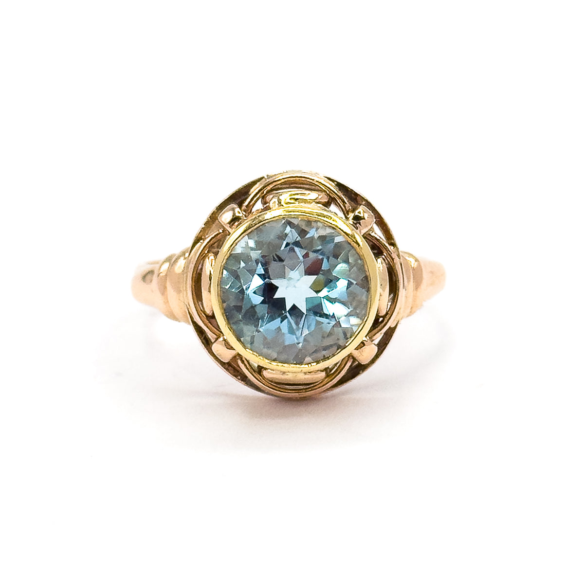 Retro Swiss Blue Topaz Celtic Knot Ring in 14K Two-Tone Gold — view 12 of 13