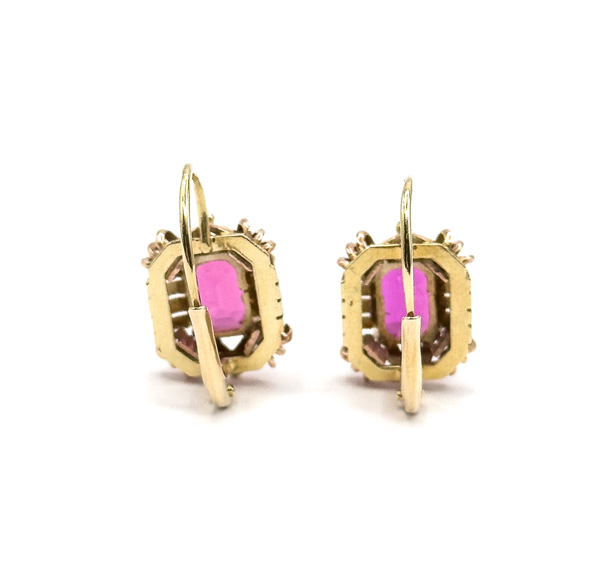 Almost the same view with slightly different angle, closer in on the pair's backs, the deep pink stones filling the open galleries and each hook wire resting straight down across the frame.