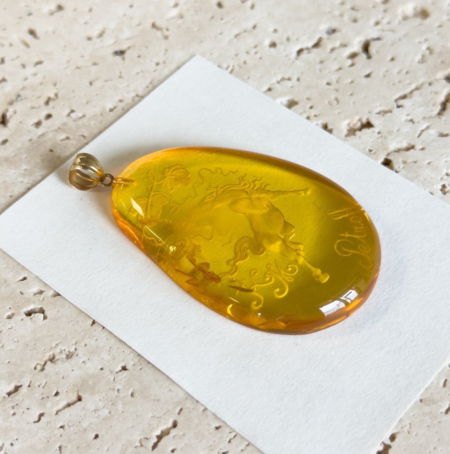 Hand Carved Amber Equestrian Horse Pendant with 18K Gold Bail