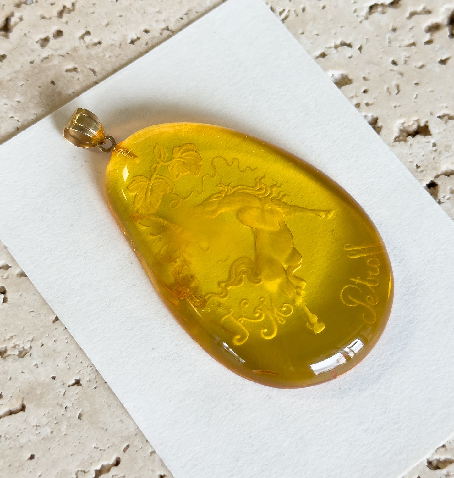 Hand Carved Amber Equestrian Horse Pendant with 18K Gold Bail