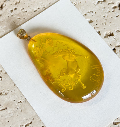 Hand Carved Amber Equestrian Horse Pendant with 18K Gold Bail