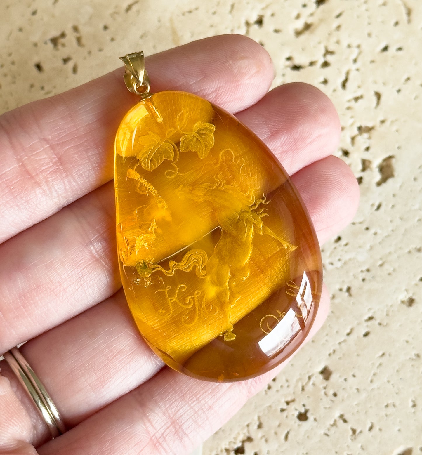 Hand Carved Amber Equestrian Horse Pendant with 18K Gold Bail