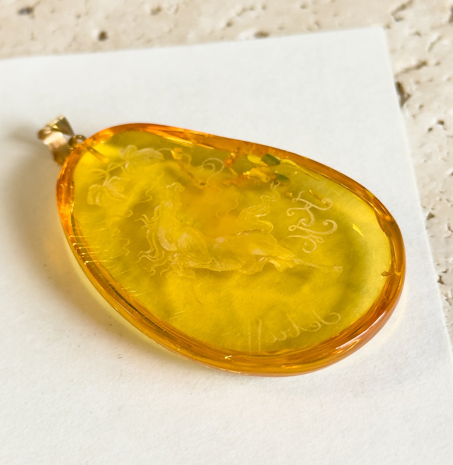 Hand Carved Amber Equestrian Horse Pendant with 18K Gold Bail