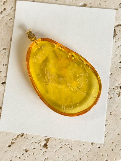 Hand Carved Amber Equestrian Horse Pendant with 18K Gold Bail