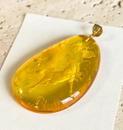 Hand Carved Amber Equestrian Horse Pendant with 18K Gold Bail