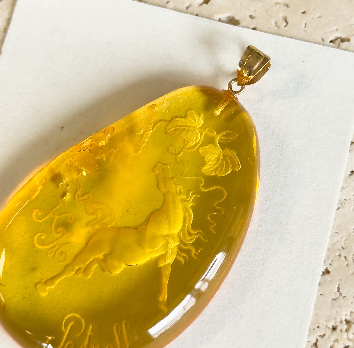 Hand Carved Amber Equestrian Horse Pendant with 18K Gold Bail