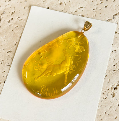 Hand Carved Amber Equestrian Horse Pendant with 18K Gold Bail