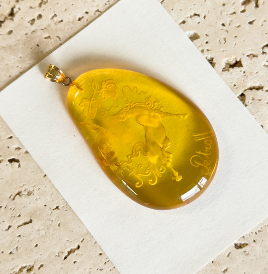 Hand Carved Amber Equestrian Horse Pendant with 18K Gold Bail