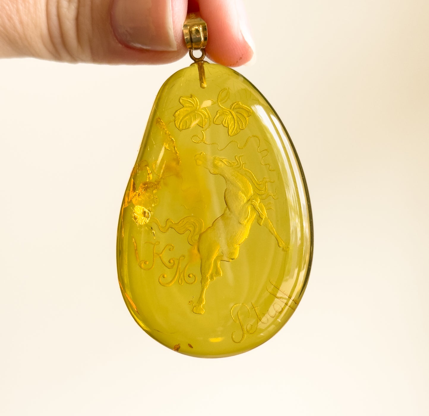 Hand Carved Amber Equestrian Horse Pendant with 18K Gold Bail